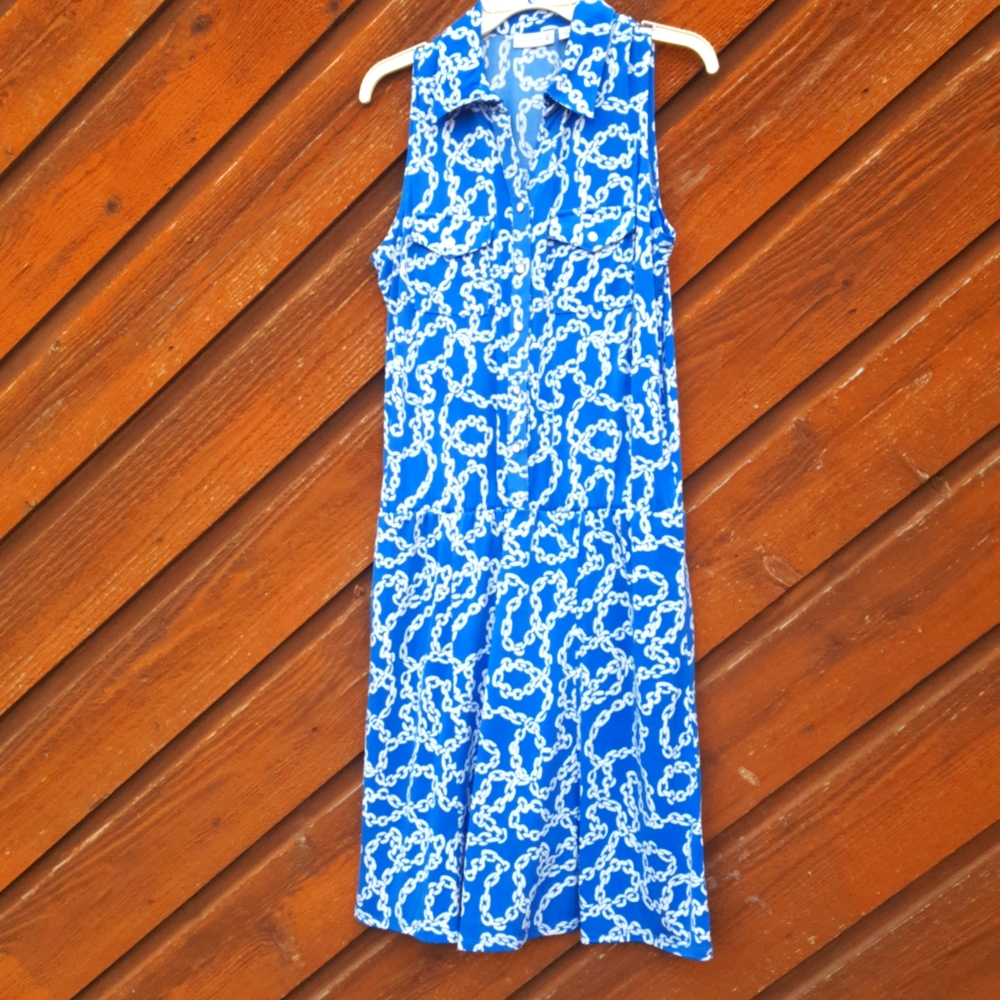 Susan Graver Liquid Knit Blue and White Sleeveless Dress With collar